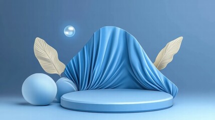 Poster - A minimalist blue setting with draped fabric, spheres, and leaves, ideal for product display.