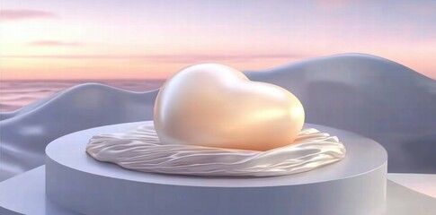 Poster - A glossy, heart-shaped object resting on a textured surface against a serene backdrop.