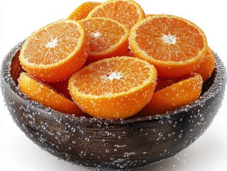 Wall Mural - A wooden bowl filled with fresh, sparkling orange slices.