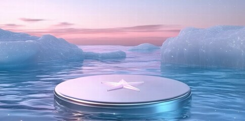 Aufkleber - A serene, icy landscape with a star-shaped object on a reflective surface.