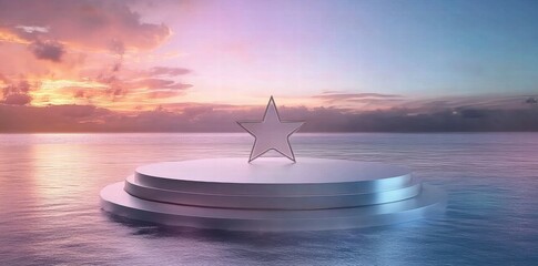 Aufkleber - A serene scene featuring a transparent star on a pedestal above calm waters at sunset.
