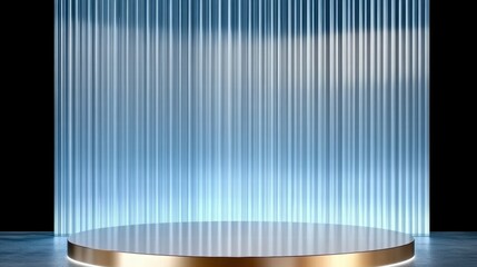Aufkleber - A minimalistic stage with vertical lines and a circular platform, suggesting a presentation area.