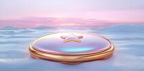 Aufkleber - A glossy star-shaped object rests on a snowy landscape under a pastel sky.