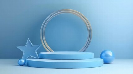 Poster - A minimalist blue display featuring geometric shapes and a circular frame.