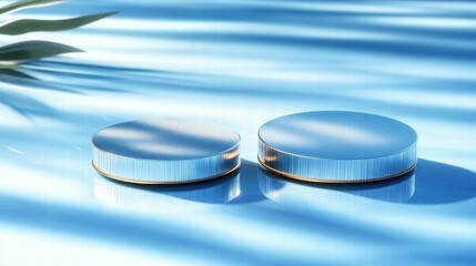 Poster - Two reflective circular objects on a blue surface with soft shadows.