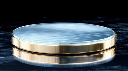 Poster - A sleek, reflective circular object with a metallic edge, possibly a display or decorative item.