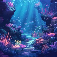 Sticker - Vibrant Underwater Coral Reef Scene With Fish Swimming