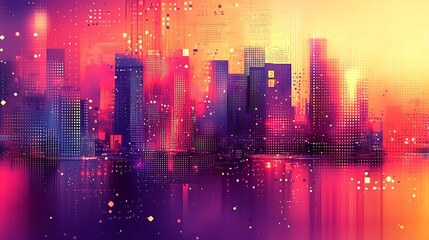 Wall Mural - Vibrant cityscape at sunset, reflected in water, with warm and cool tones, stylized digital art.