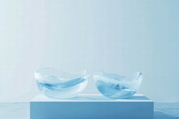 Poster - Two elegant glass bowls displayed on a pedestal against a light blue background.