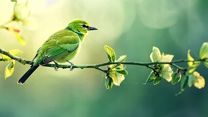 Wall Mural - A vibrant green bird perches on a blossoming branch, bathed in soft sunlight.