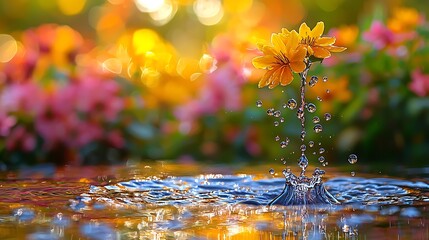 Sticker - Vibrant orange flower emerging from water, splashing, bokeh background.