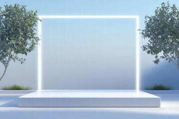 Aufkleber - A minimalist stage with a glowing frame, set in a serene outdoor environment.
