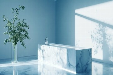 Poster - A serene bathroom featuring a marble tub, minimalist design, and a potted plant.