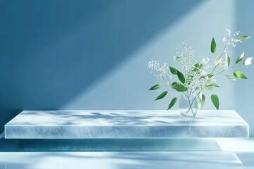 Poster - A minimalist arrangement featuring a clear vase with delicate foliage on a sleek surface.