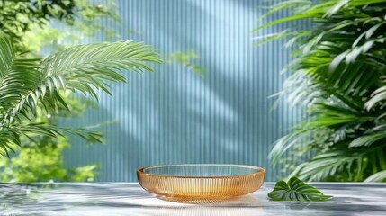 Poster - A serene setting featuring a glass bowl amidst lush greenery and soft light.