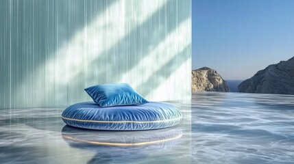 Leinwandbilder - A serene blue cushion in a tranquil, reflective environment by the sea.