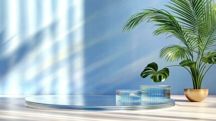 Poster - A serene display featuring a glass surface, decorative items, and a lush plant against a blue backdrop.