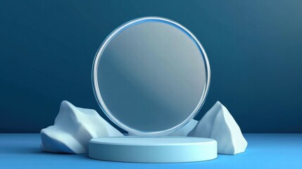 Poster - A minimalist display featuring a circular mirror surrounded by abstract shapes on a blue background.