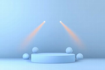 Poster - A minimalist stage with soft lighting and spherical objects, ideal for presentations or performances.