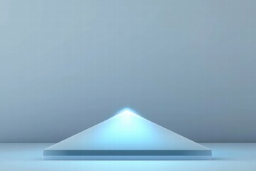 Poster - A minimalistic triangular pedestal with a glowing tip against a soft blue background.