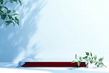 Poster - A minimalist scene with a reflective surface and a small red object beside green leaves.