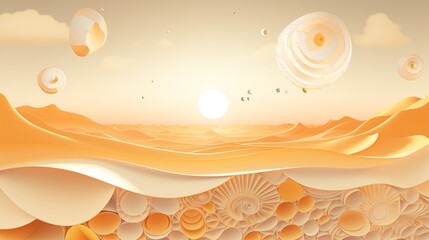 Wall Mural - Paper cut illustration of a traveling robot in a desert landscape, golden hour lighting, with space on the right side,generative ai illustration