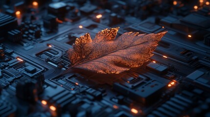 Wall Mural - dried leaf on illuminated circuit board.