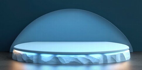 Poster - A minimalist display platform with a curved glass dome and illuminated base.