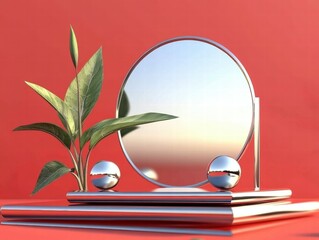 Leinwandbilder - A minimalist arrangement featuring a mirror, spheres, and a plant against a vibrant backdrop.