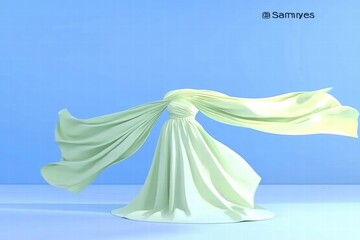 Poster - A flowing, abstract fabric sculpture against a blue background, evoking elegance and movement.