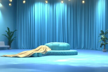 Leinwandbilder - A serene, blue-themed space with soft seating and draped fabric, ideal for relaxation or events.