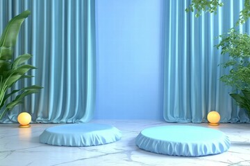 Leinwandbilder - A serene blue setting with circular cushions and soft lighting, ideal for relaxation or meditation.
