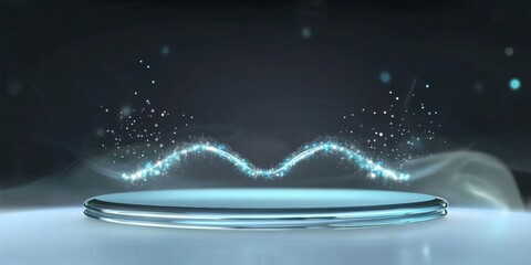 Leinwandbilder - A glowing platform with sparkling particles creating a dynamic wave effect.