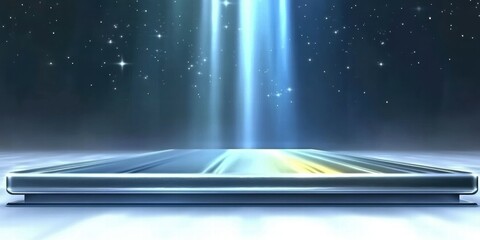 Aufkleber - A sleek, futuristic device illuminated by a beam of light against a cosmic backdrop.