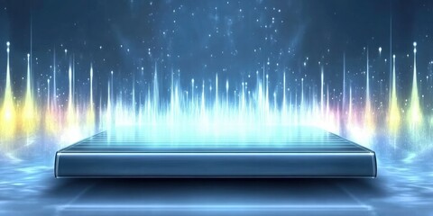 Fototapete - A futuristic platform with colorful sound wave visualizations in a digital environment.