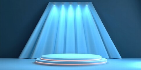 Aufkleber - A minimalist stage setup with blue lighting and draped fabric for presentations or performances.