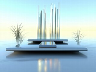 Poster - A serene, futuristic landscape with reflective surfaces and vertical glass structures.