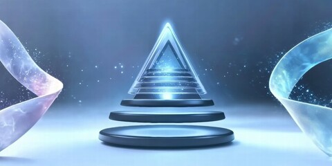 Aufkleber - A futuristic scene featuring a glowing triangular structure with layered platforms and ethereal ribbons.