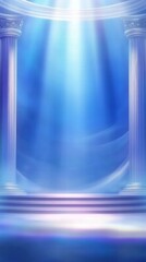Aufkleber - A serene, illuminated stage with pillars and soft blue lighting, evoking a mystical atmosphere.