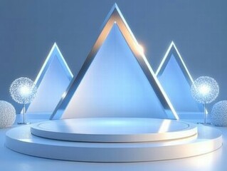Poster - A modern stage design featuring triangular shapes and decorative spheres in a blue setting.