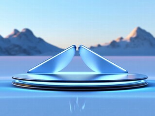 Aufkleber - A futuristic design featuring two sleek, blue shapes on a reflective surface in a snowy landscape.