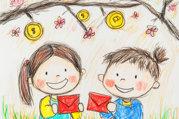 Cheerful children holding red envelopes under blossoming tree, celebrating festive occasion with gold coins hanging above. Their smiles radiate joy and excitement