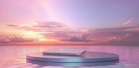 Poster - A sleek device rests on a circular platform above a tranquil water surface at sunset.