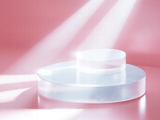 Poster - A minimalist display featuring translucent shapes on a soft pink background.