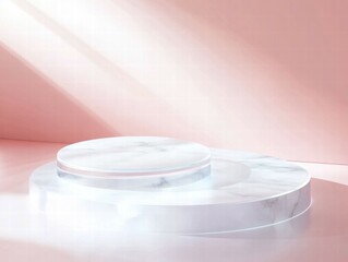 Aufkleber - A minimalist display platform with soft lighting against a pink background.