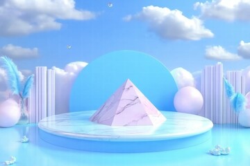 Wall Mural - A serene 3D scene featuring a marble pyramid surrounded by pastel elements and clouds.