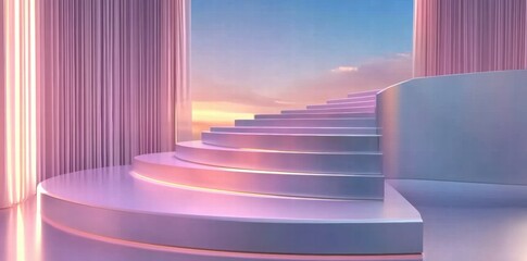 Wall Mural - A modern, illuminated staircase leading to a serene sunset backdrop.