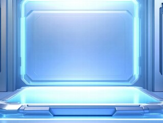 Poster - A futuristic, illuminated display area with a sleek, blue backdrop for presentations.