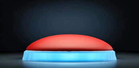 Fototapete - A large red button with a blue base, set against a dark background.