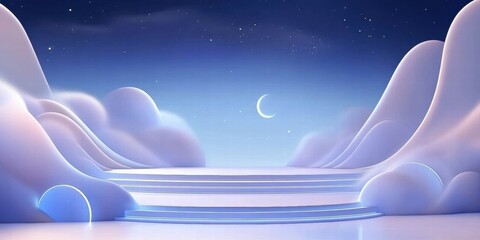 Aufkleber - A serene digital landscape featuring soft clouds and a crescent moon in a twilight setting.